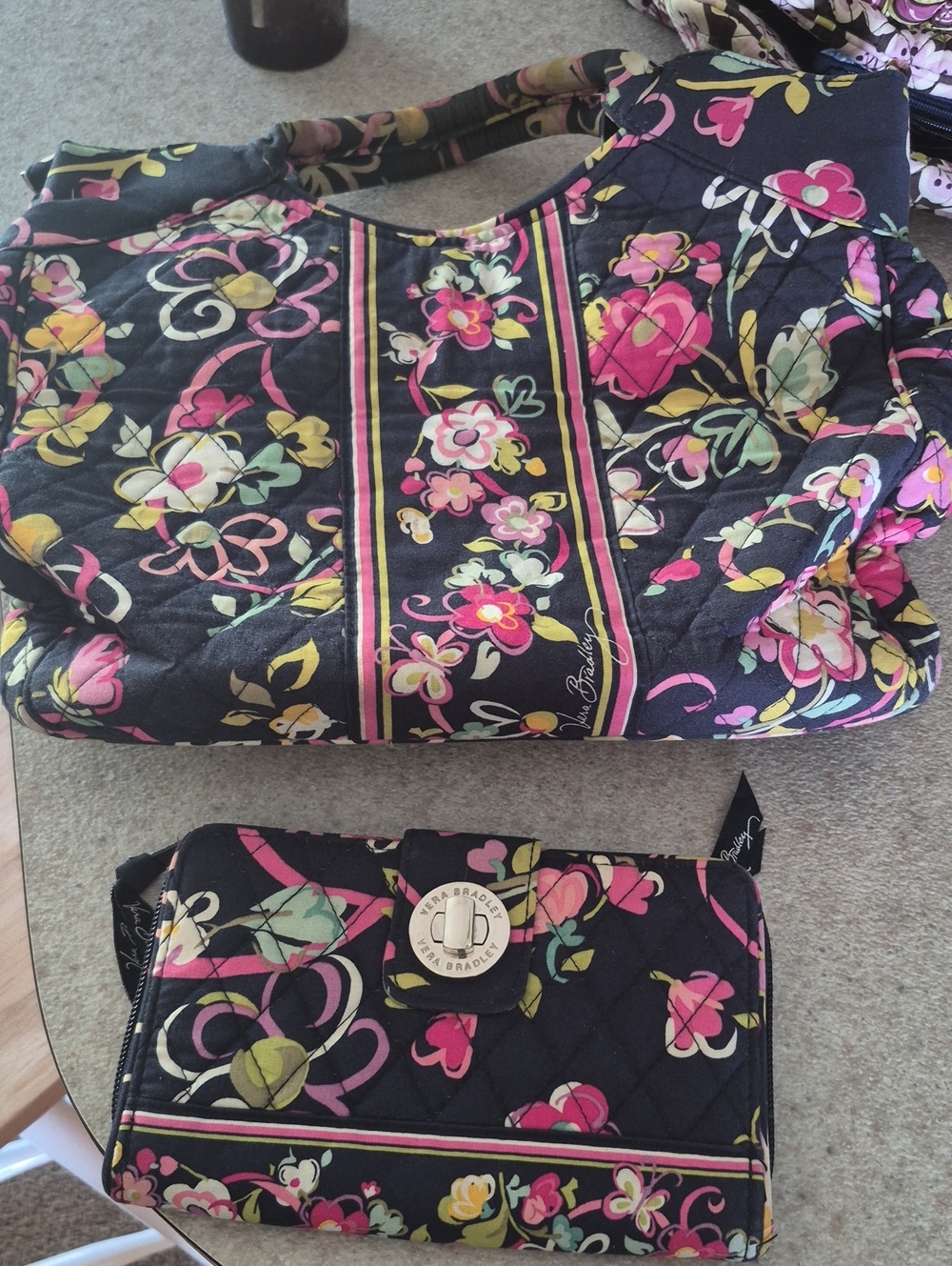 Vera Bradley Black Quilted Floral Tote with Matching Wallet